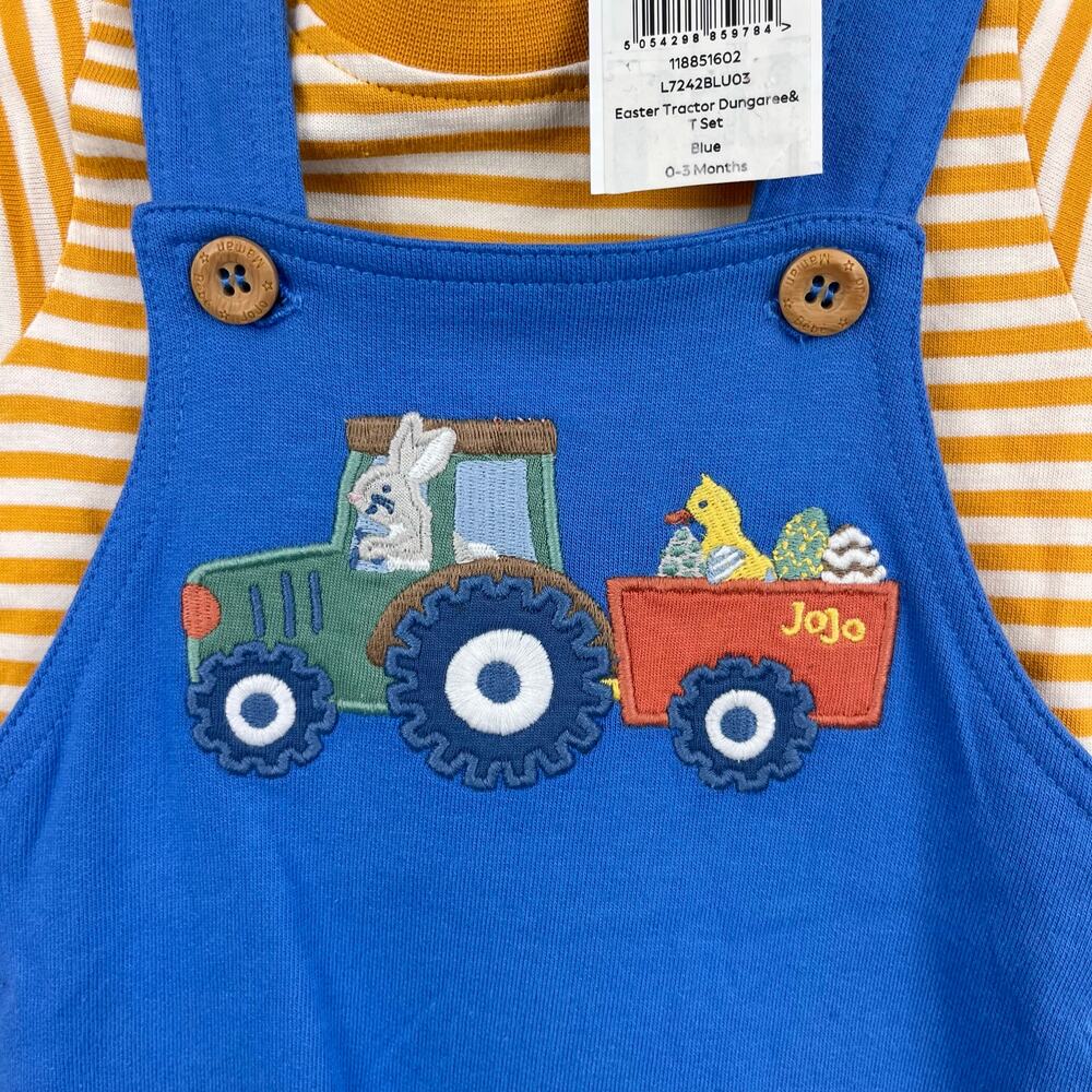 JoJo Maman Bebe Blue Easter Tractor Dungaree Romper & T-Shirt Set 0-3 Months - Picture 2 of 5
